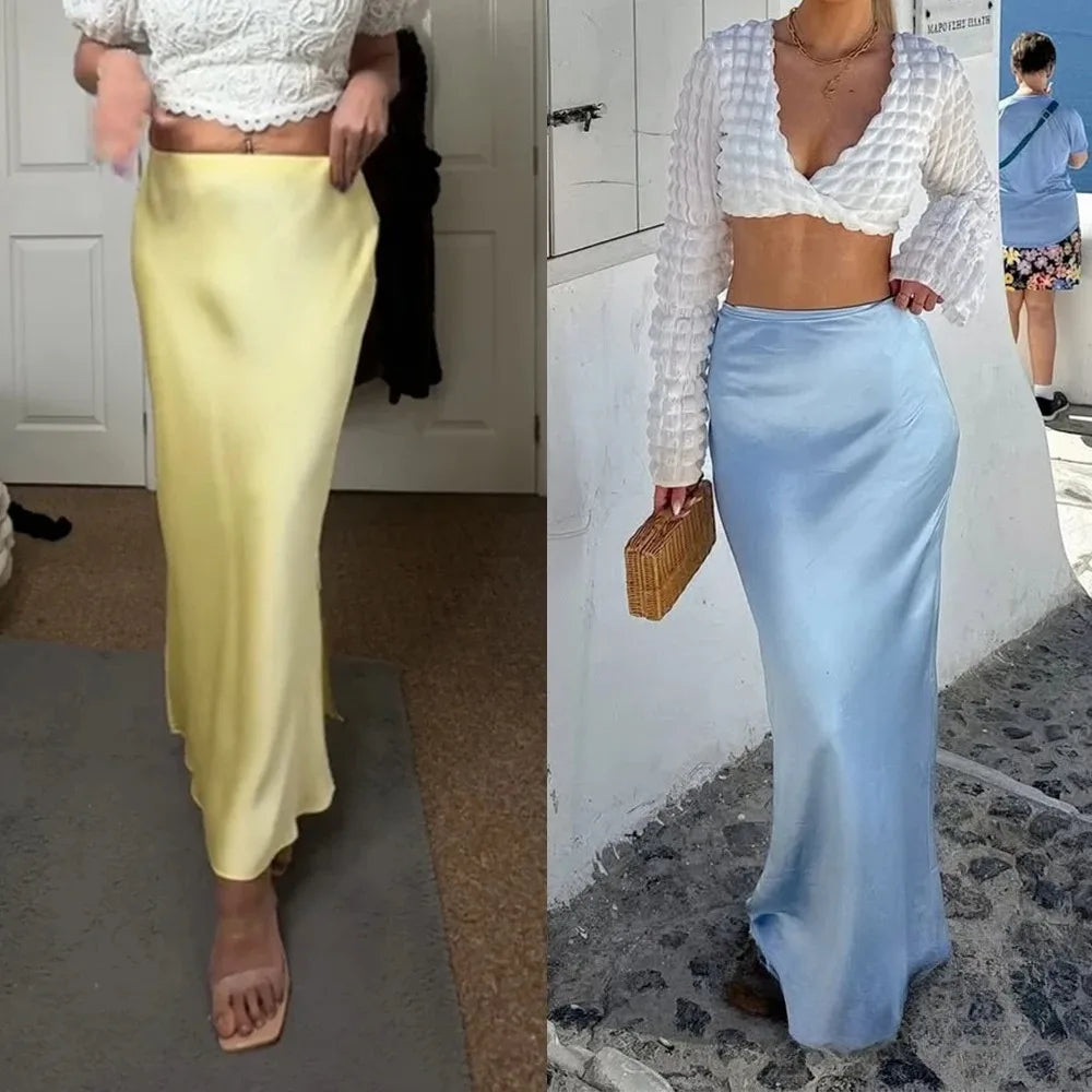 Vintage Satin Solid Long Skirts
